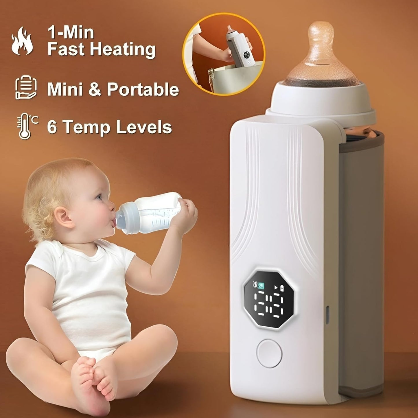 Portable Rechargeable Baby Bottle Warmer – Fast 1-Min Heating, USB Powered with 6 Temperature Levels
